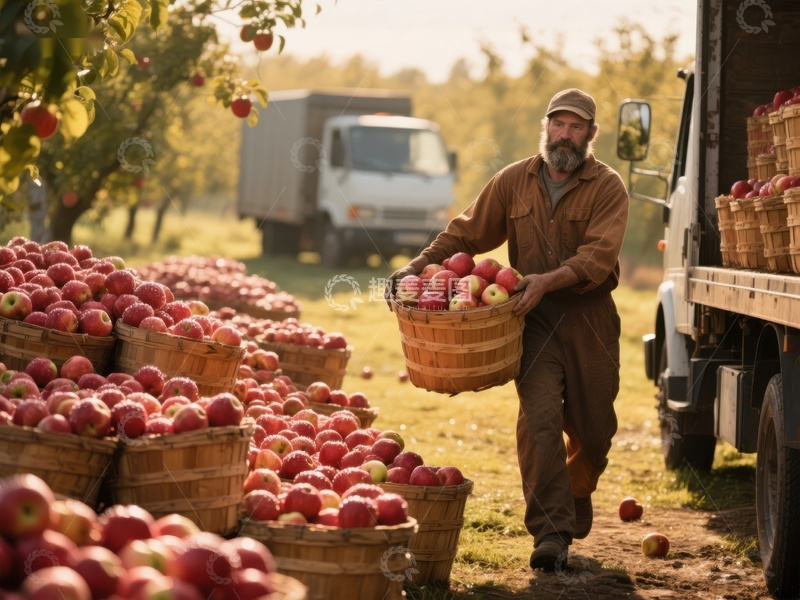 高清大图下载【趣麦麦图】农夫搬运苹果篮，果园丰收场景