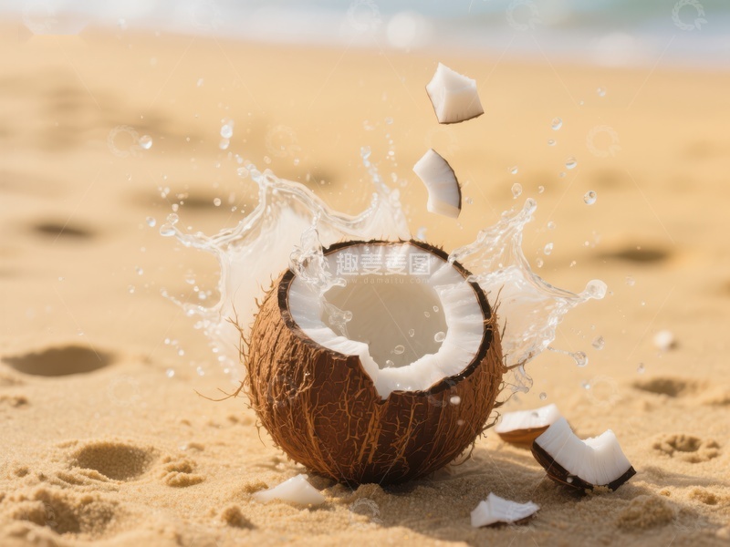 高清大图下载【趣麦麦图】椰子破裂，椰汁四溅于沙滩