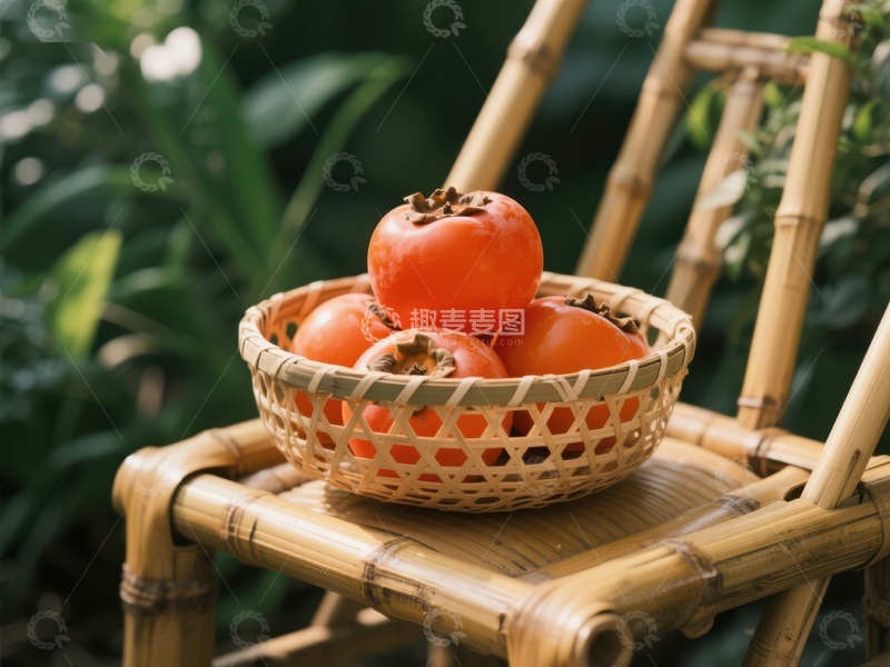 高清大图下载【趣麦麦图】竹篮中的柿子置于竹椅上