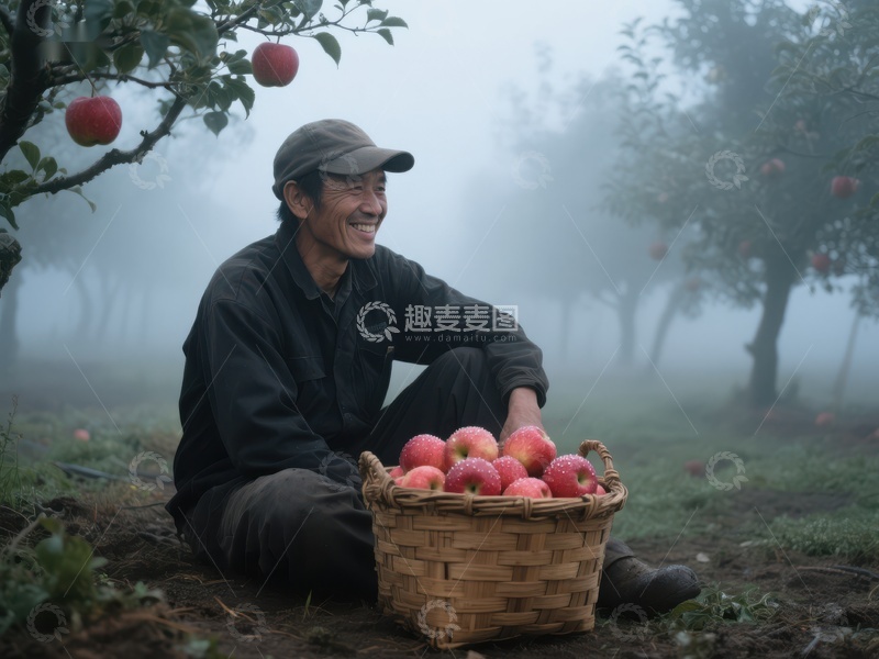 高清大图下载【趣麦麦图】果园晨雾中，农夫与苹果篮