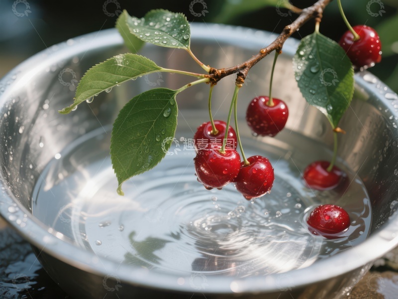 高清大图下载【趣麦麦图】樱桃枝浸入水中，水珠晶莹剔透