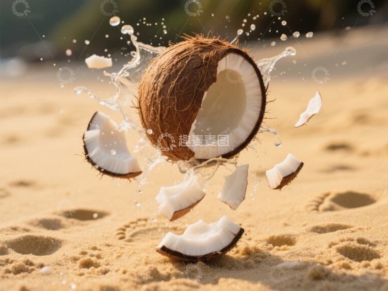 高清大图下载【趣麦麦图】椰子破裂瞬间，水花四溅