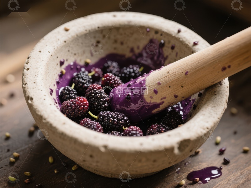 高清大图下载【趣麦麦图】紫黑浆果研磨于陶碗中
