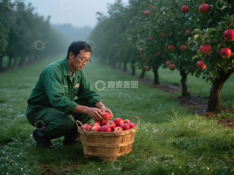 高清大图下载【趣麦麦图】果园工人采摘新鲜苹果