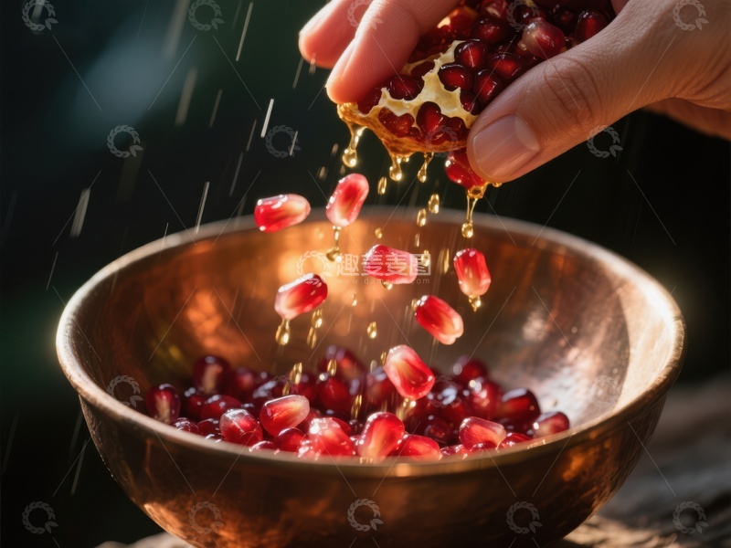 高清大图下载【趣麦麦图】石榴籽落入铜碗的瞬间