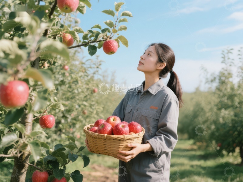 高清大图下载【趣麦麦图】果园采摘，女子手捧苹果篮
