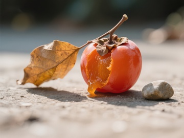 破损柿子与枯叶静置地面