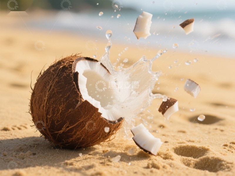 高清大图下载【趣麦麦图】椰子破裂，水花四溅于沙滩