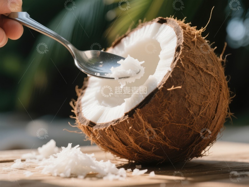 高清大图下载【趣麦麦图】椰子半壳与勺舀椰肉