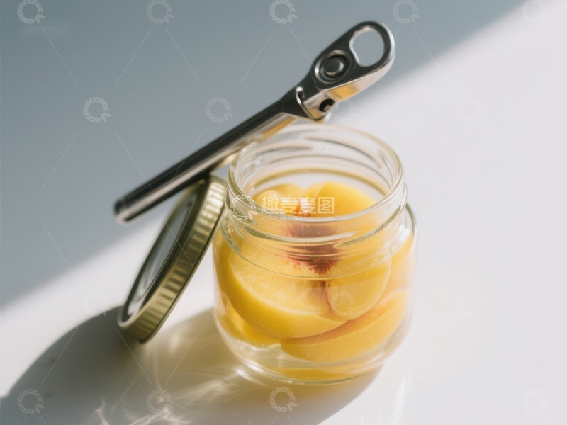 高清大图下载【趣麦麦图】玻璃罐中的黄色果酱与金属开罐器