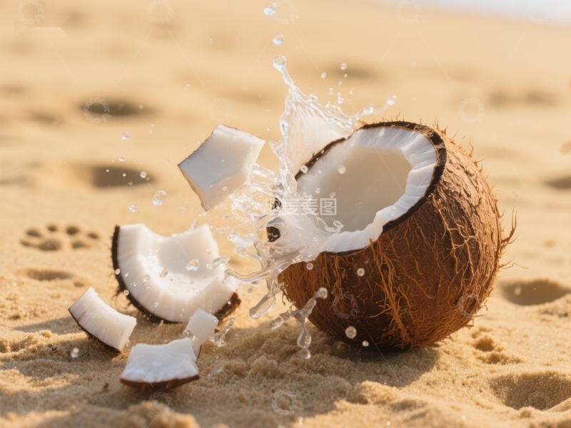 高清大图下载【趣麦麦图】椰子破裂，水花四溅于沙滩