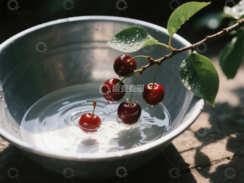 高清大图下载【趣麦麦图】樱桃枝条轻触水面，水珠晶莹