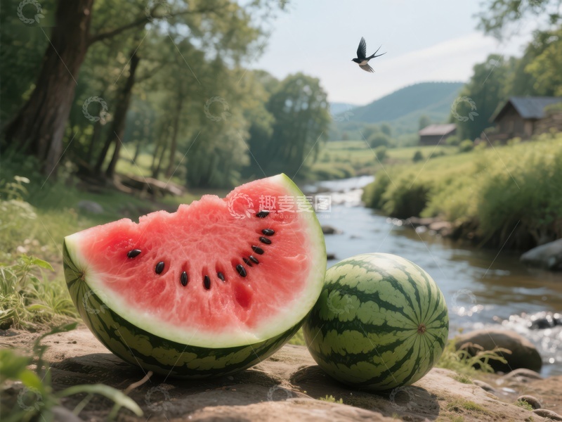 高清大图下载【趣麦麦图】溪边西瓜，夏日清凉