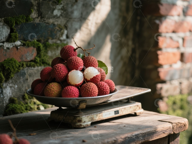 高清大图下载【趣麦麦图】新鲜荔枝置于老式秤上