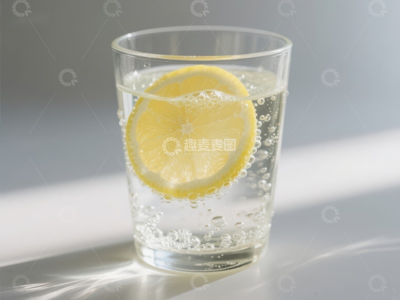 高清大图下载【趣麦麦图】柠檬片泡在透明玻璃杯中的气泡水