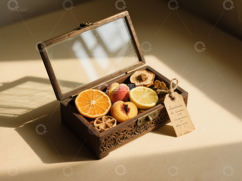 高清大图下载【趣麦麦图】木质盒中摆放的干果与柑橘