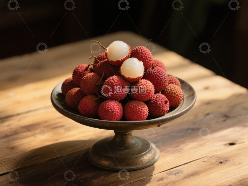 高清大图下载【趣麦麦图】新鲜荔枝堆放在古铜色果盘中