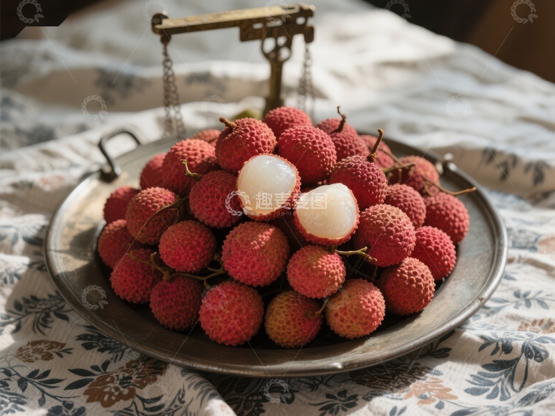 高清大图下载【趣麦麦图】新鲜荔枝盛于古铜盘中