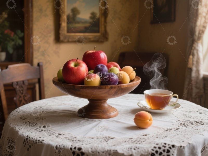 高清大图下载【趣麦麦图】复古餐桌上的水果与热茶