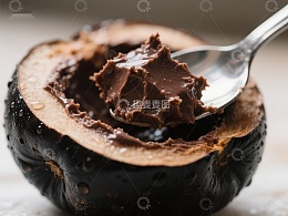 巧克力酱与勺子在水果上的特写