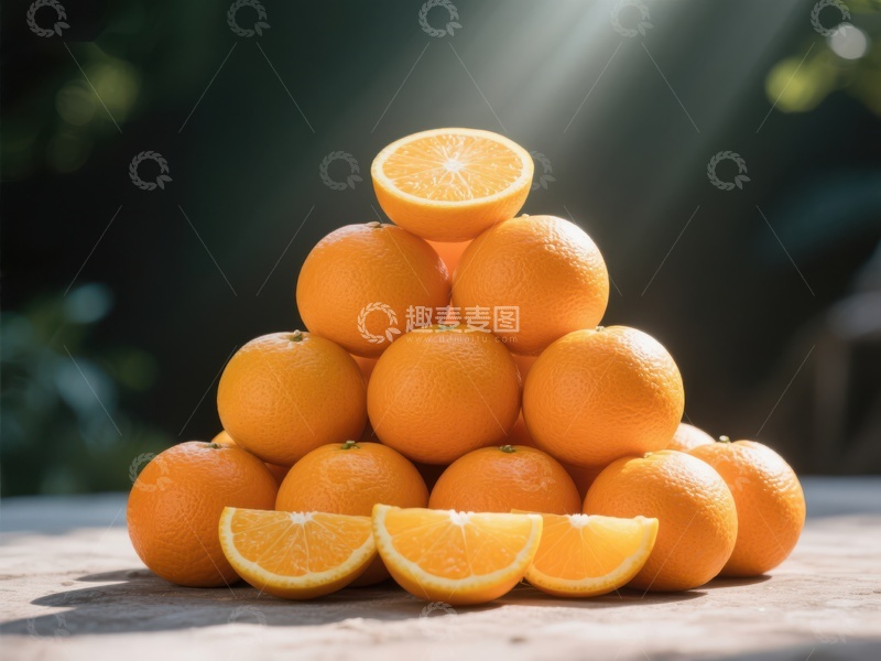 高清大图下载【趣麦麦图】橙子金字塔：阳光下的新鲜水果