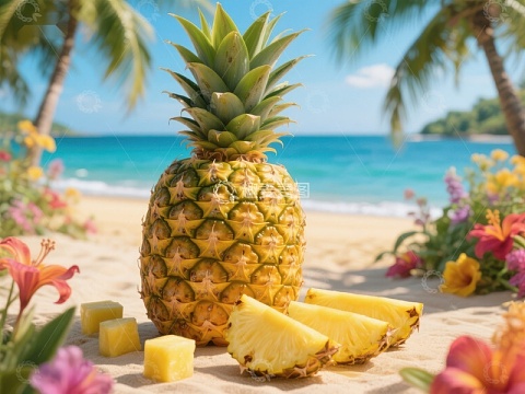 海滩上的新鲜菠萝