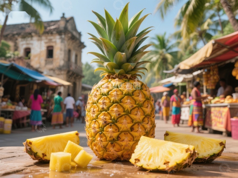 市场前的菠萝与切片