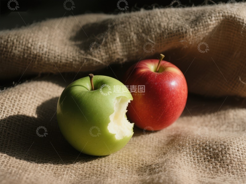 高清大图下载【趣麦麦图】绿红苹果静置麻布之上