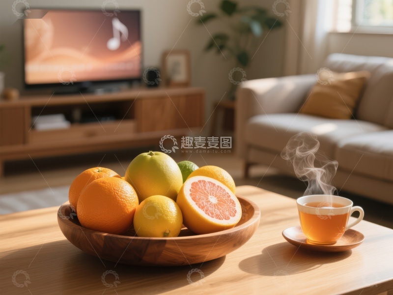 高清大图下载【趣麦麦图】客厅茶几上的水果与热茶