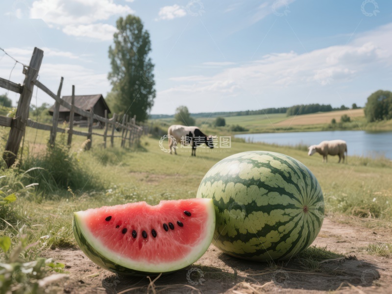 高清大图下载【趣麦麦图】田园风光中的西瓜与牛羊