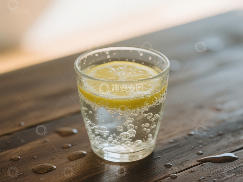 高清大图下载【趣麦麦图】柠檬气泡水置于木质桌面
