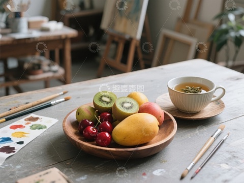 艺术工作室中的水果与茶