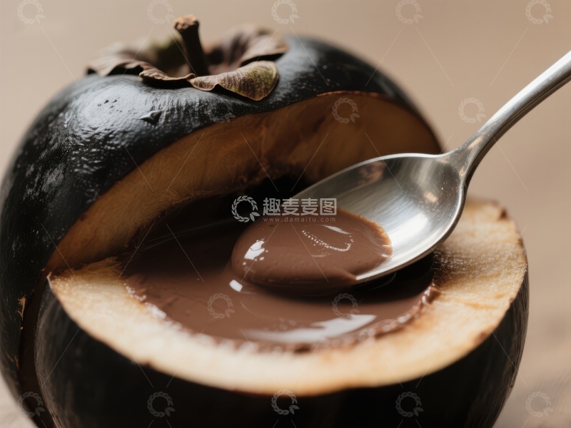 高清大图下载【趣麦麦图】黑果内部甜浆与勺子特写
