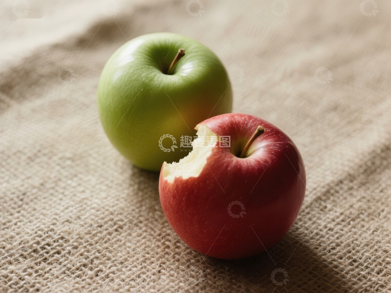 高清大图下载【趣麦麦图】一绿一红苹果，咬过的红色苹果