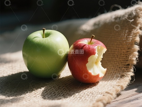 绿红苹果并置，一咬痕迹