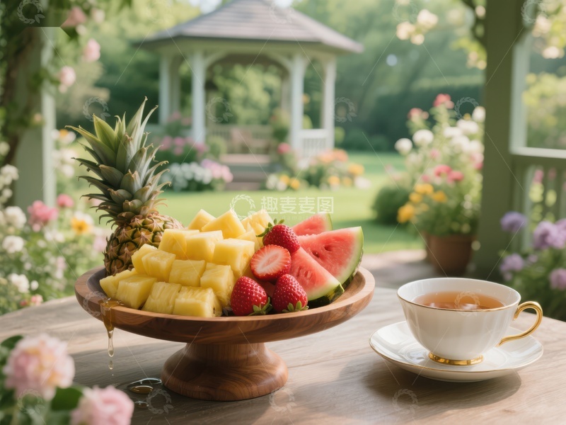 高清大图下载【趣麦麦图】花园茶歇：水果拼盘与茶杯