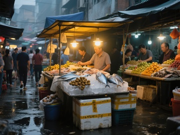 夜市摊位售卖新鲜海鲜与水果