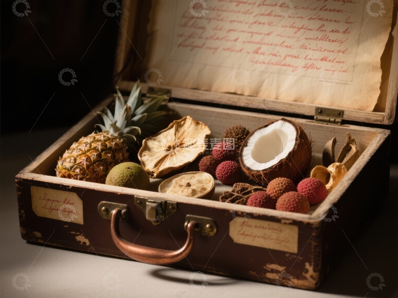高清大图下载【趣麦麦图】复古箱中的热带水果与信件