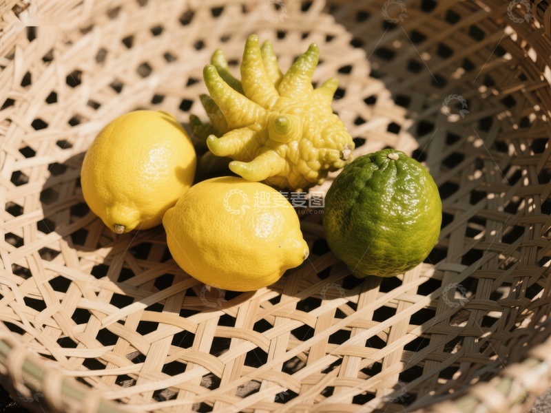 高清大图下载【趣麦麦图】竹篮中的柠檬与异形水果