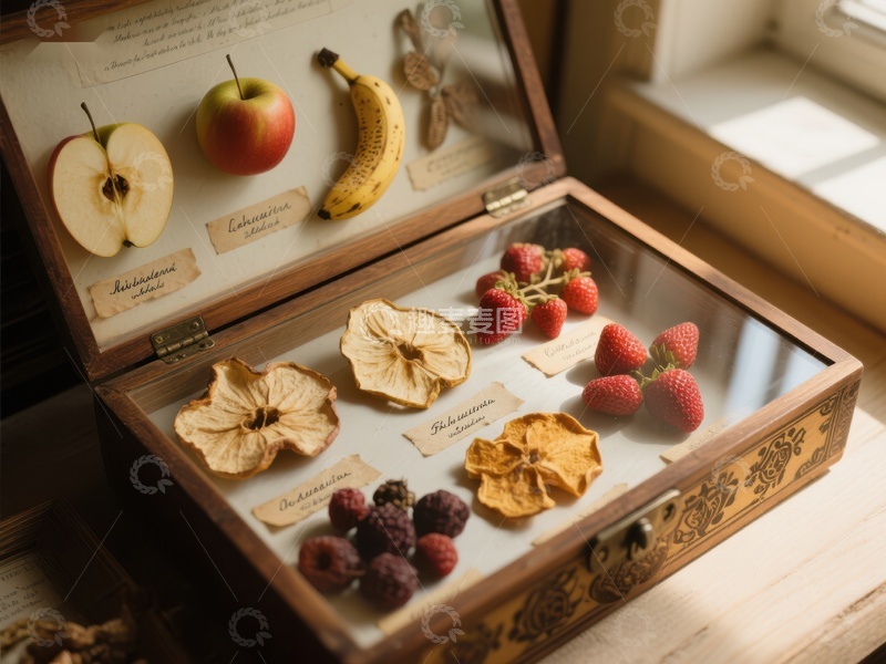 高清大图下载【趣麦麦图】木质盒中展示的干果与新鲜水果