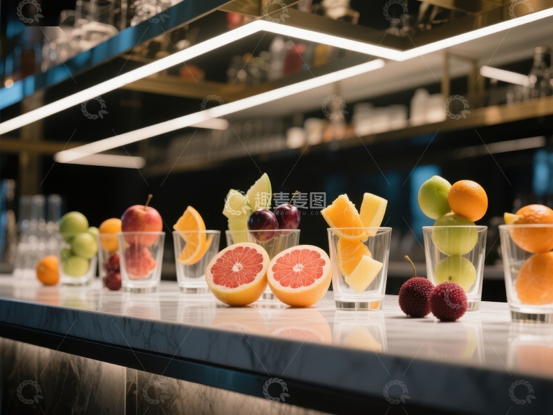 高清大图下载【趣麦麦图】吧台上的新鲜水果与饮品