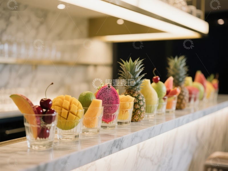高清大图下载【趣麦麦图】新鲜水果杯陈列在大理石台面上