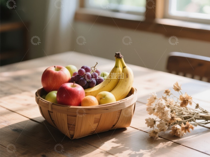 高清大图下载【趣麦麦图】木篮盛满新鲜水果置于餐桌