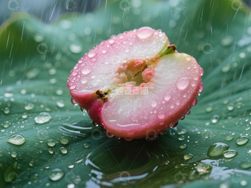 高清大图下载【趣麦麦图】雨中莲叶上的苹果切片