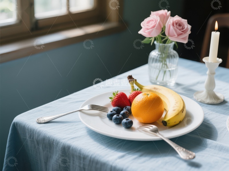 高清大图下载【趣麦麦图】水果盘与粉色玫瑰的静谧餐桌