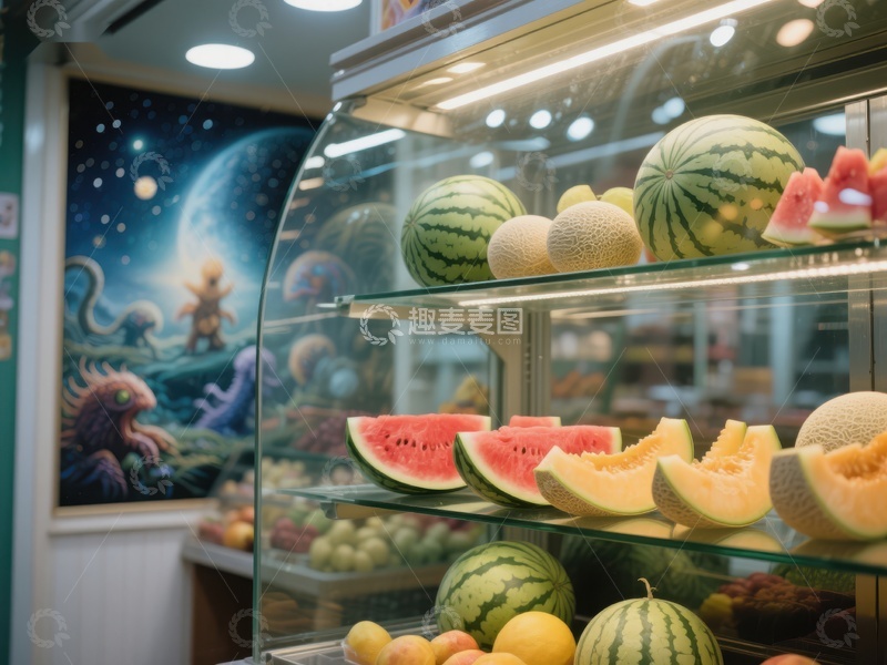 高清大图下载【趣麦麦图】水果展示柜内的西瓜与甜瓜