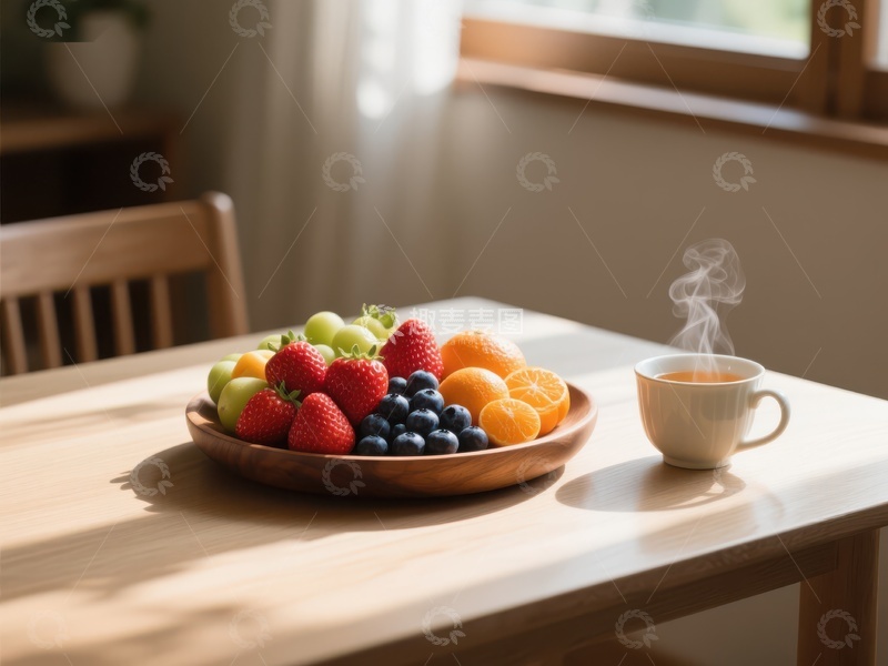 高清大图下载【趣麦麦图】早餐桌上的水果与热饮
