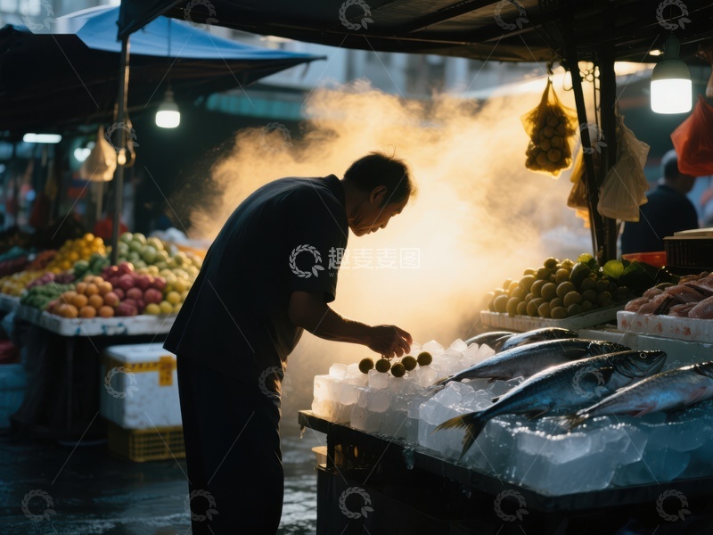 市场摊位前的鱼贩与冰鲜海鲜