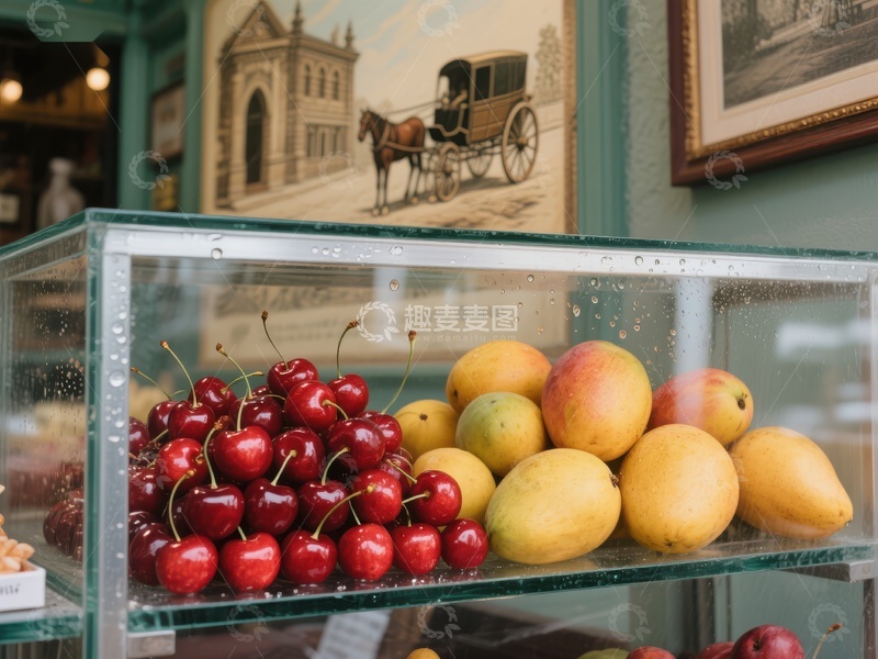 高清大图下载【趣麦麦图】新鲜樱桃与芒果陈列于玻璃柜中