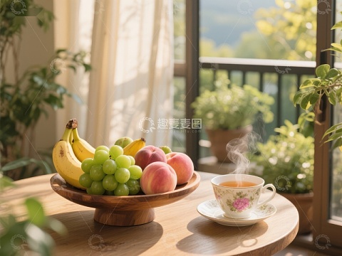 阳光下的水果与热茶